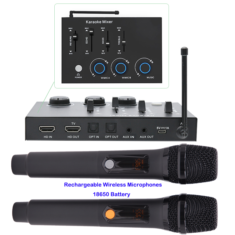 Home Cinema Kit - ホームシアター充電式ワイヤレスマイクカラオケミキサー、スマートTVサウンドバー用18650バッテリー搭載、光デジタル＆AUX出力対応